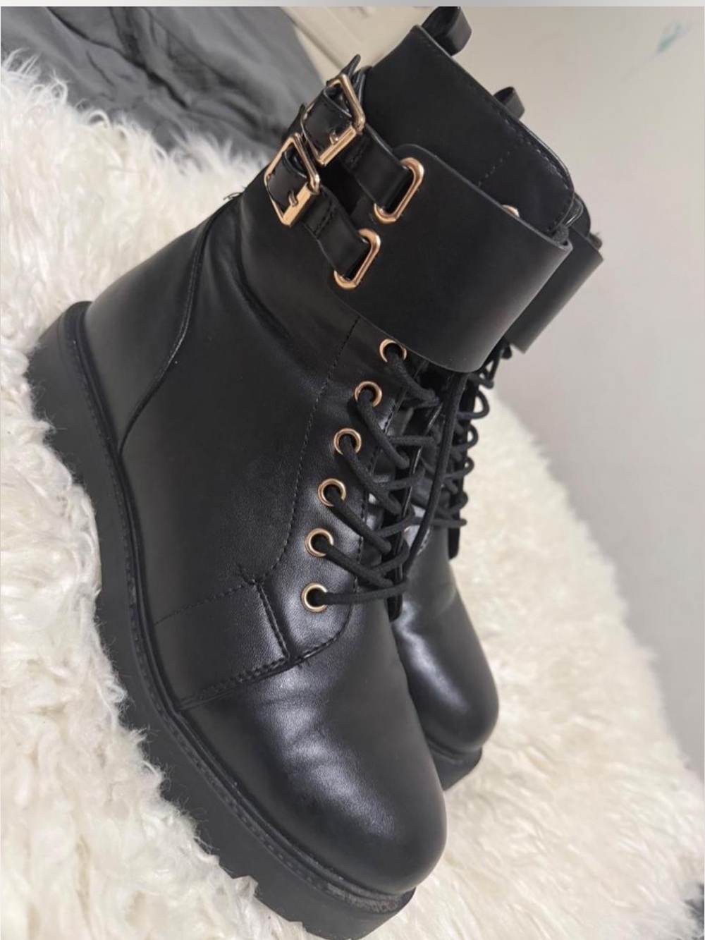 ASOS Black Lace-Up Ankle Boots with Gold Buckles